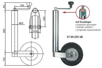 Atraminis ratas su spaustuku WINTERHOFF ST60-255SB+KLE60 250kg 60mm 525-755mm
