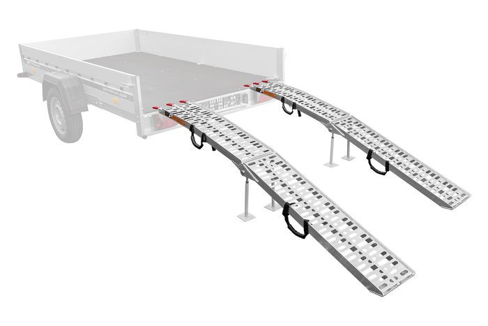 UNITRAILER ALR003 sulankstomos rampos, aliuminio rampos priekaboms, 221 cm, 680 kg, su diržu ir atrama, 2 vnt. komplektas