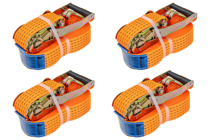 Keturių UNITRAILER 10 m / 50 mm / 5 t oranžinių transportavimo diržų su įtempikliais rinkinys
